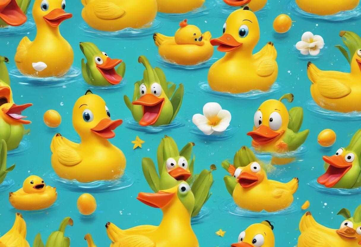 A whimsical cartoon-style illustration featuring vibrant and exaggerated characters laughing uncontrollably, surrounded by absurd and surreal elements like floating rubber ducks and giant bananas. The background should be a colorful digital landscape filled with playful patterns and quirky objects. Include speech bubbles with joke excerpts and humorous phrases floating around the characters. Perfectly captures the essence of laughter and absurdity. vector art. vibrant colors.
