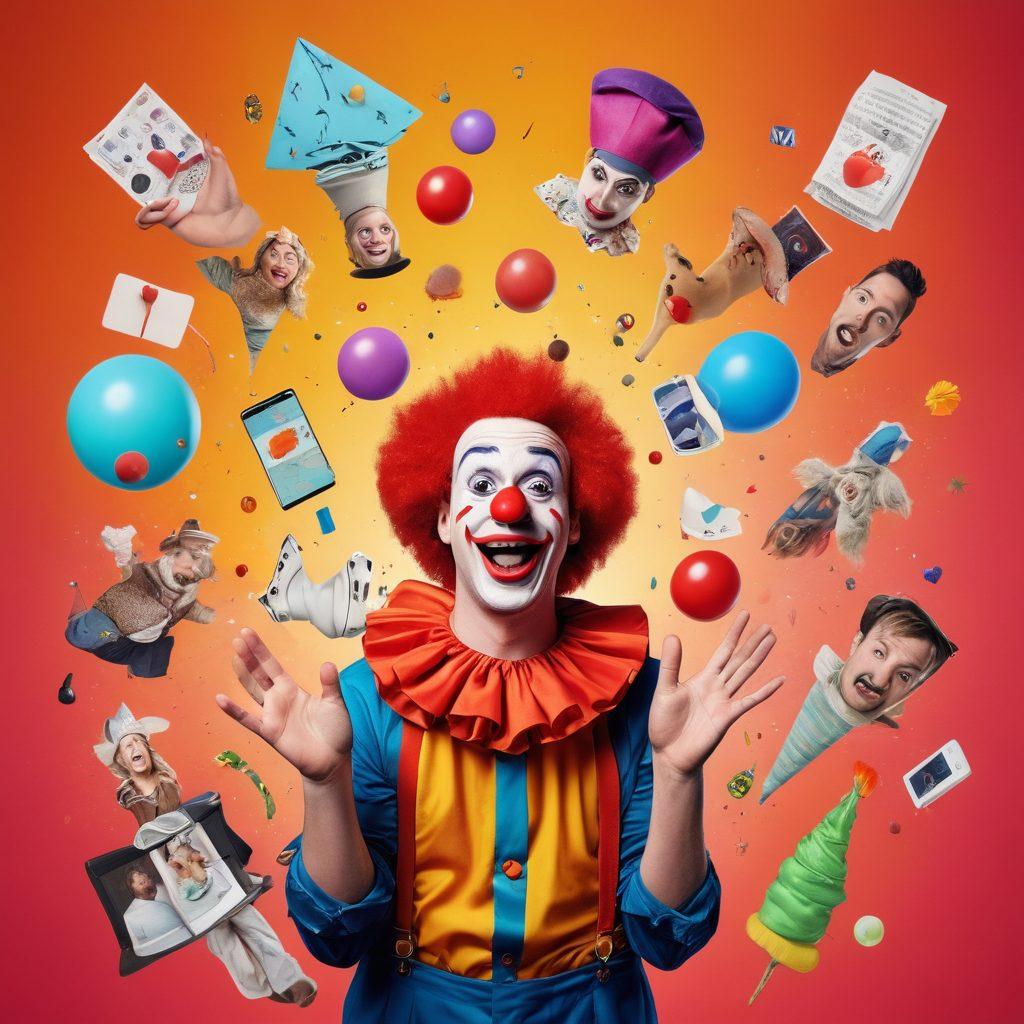 A whimsical collage depicting various comedic scenarios such as a clown juggling unpredictable objects, a group of friends laughing at bizarre trends from social media, and an exaggeratedly funny depiction of a viral meme. The background features vibrant colors and playful doodles to enhance the comedic essence. super-realistic. vibrant colors. playful style.