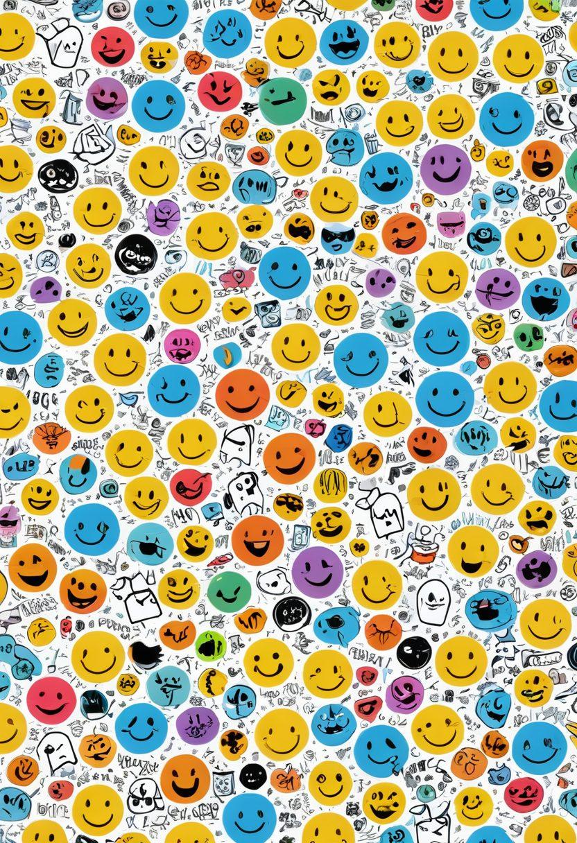 A collage of whimsical, brightly colored web pages featuring quirky, humorous memes and animated characters. Include playful fonts and a variety of meme formats, showcasing different emotions and reactions. The background should evoke a light-hearted vibe with elements like humor symbols (like smiley faces and laughing emojis) floating around. Super-realistic. Vibrant colors. White background.